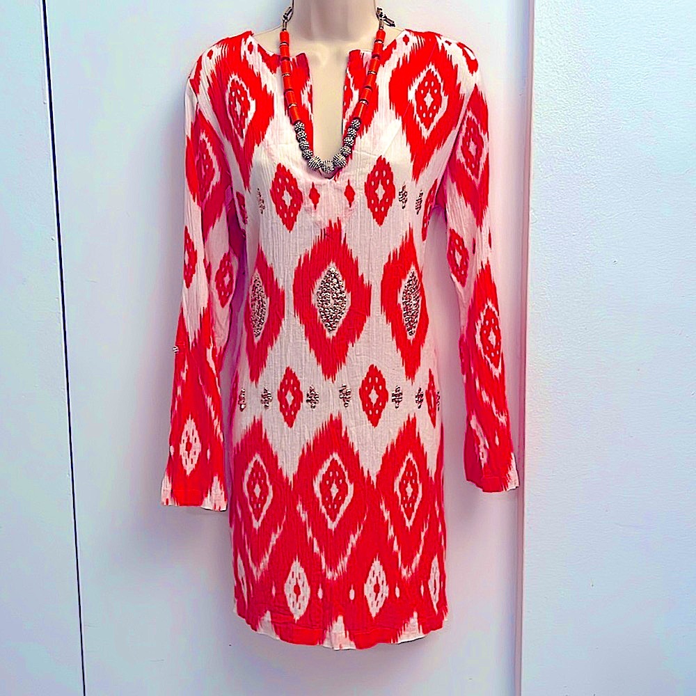 Echo coral & white caftan beach cover gauze beaded dress tunic